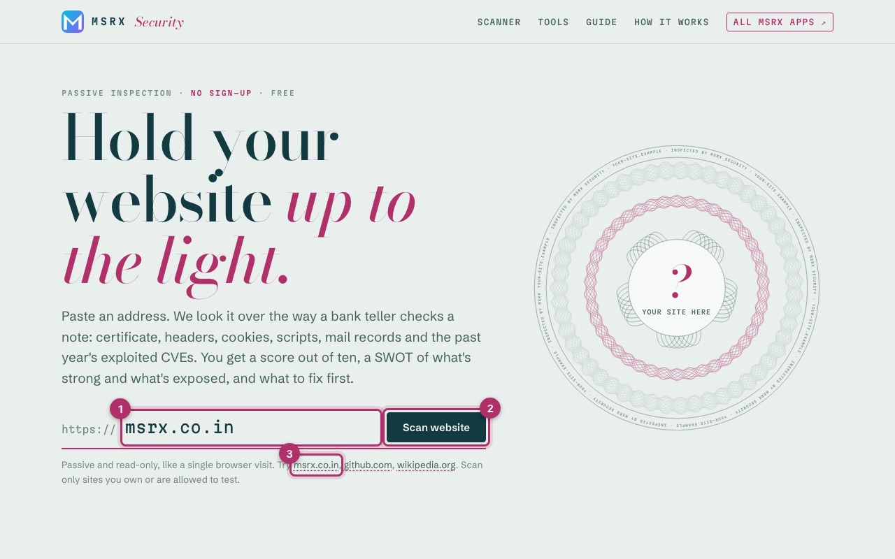 Home page with the address field (1), the Scan website button (2) and example sites (3) marked