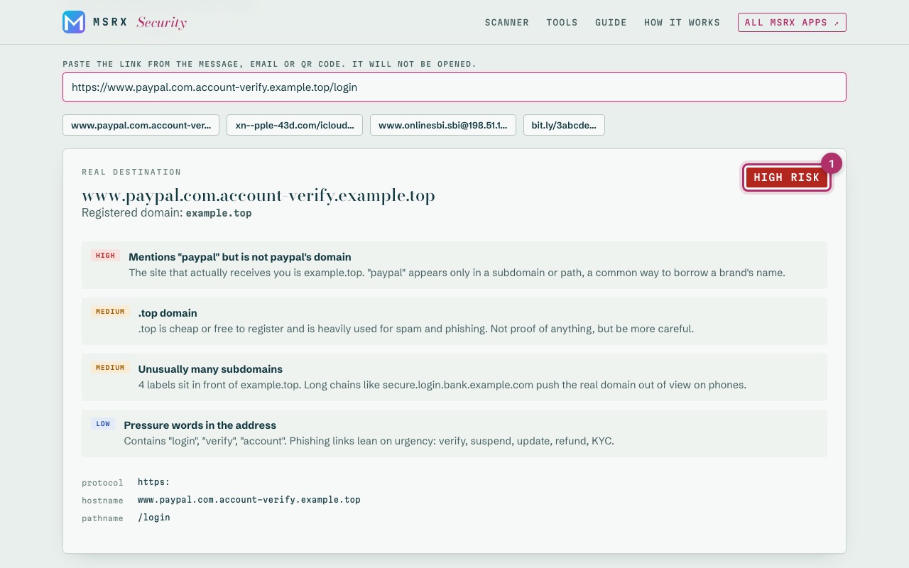 The Suspicious link inspector showing a look-alike PayPal link rated high risk (1)