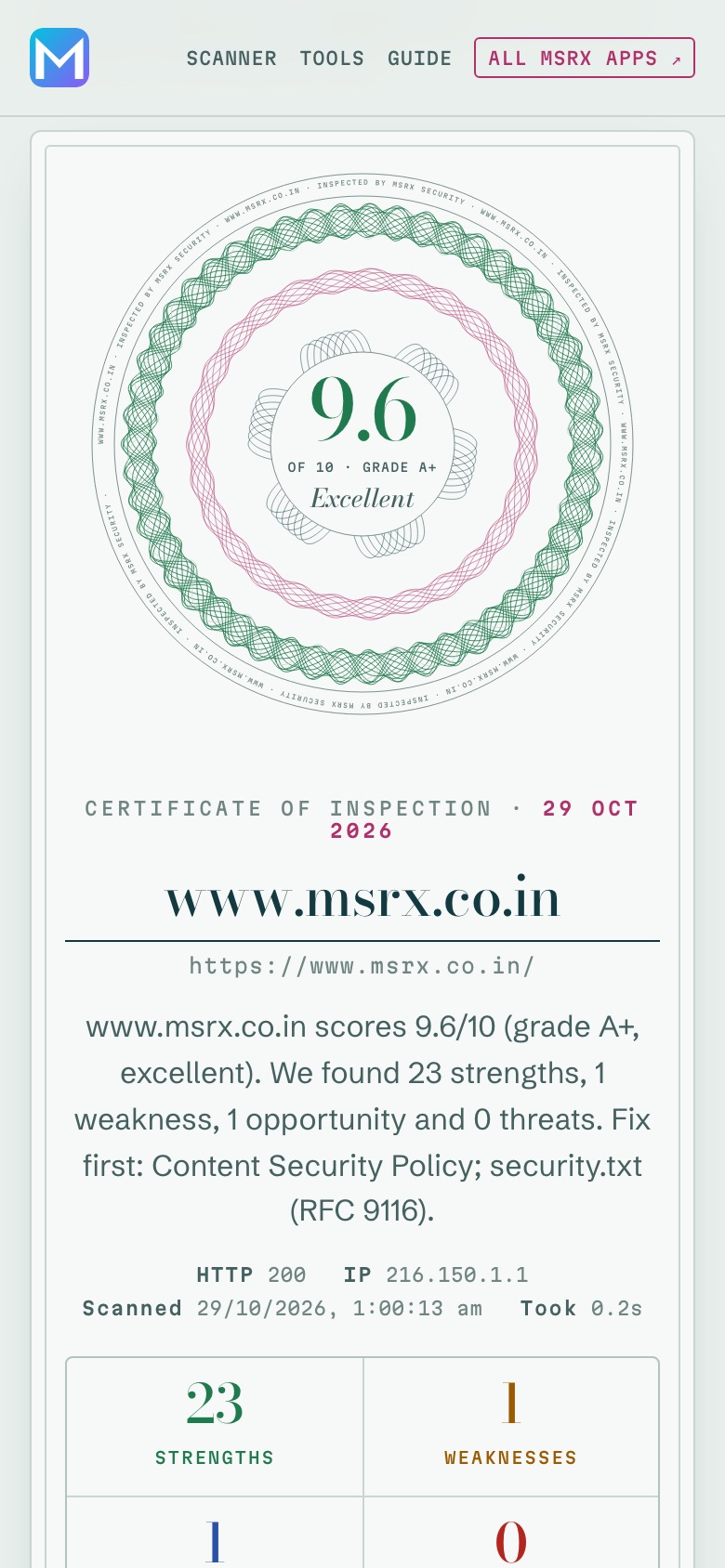 The certificate of inspection on a phone screen
